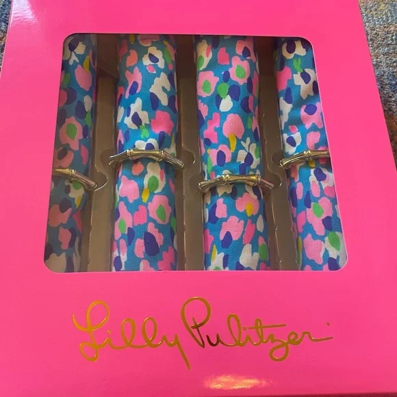 Lilly Pulitzer 4 Napkins & Gold Bamboo Rings Easter Hostess Gift NWT